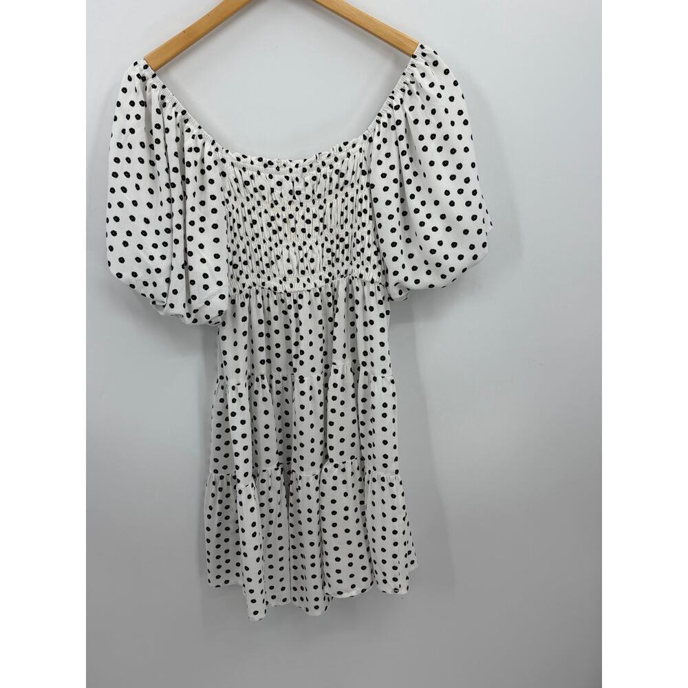 MINKPINK Tidal White Black Polka Dot Smocked Puff Sleeve Mini Dress Size Small - Picture 5 of 7